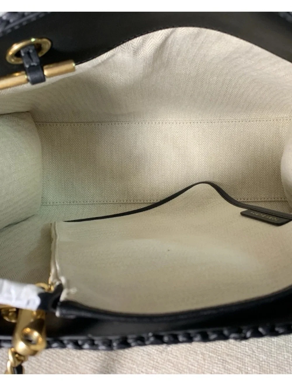 NEW Tory Burch Ella Melange Chain Strap Black Raffia Small Tote Bag